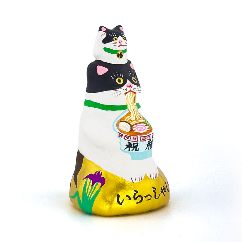 千客万来猫 招き猫乗せ ハチワレ(ラーメン)/矢切はりこさん作/高さ12cm