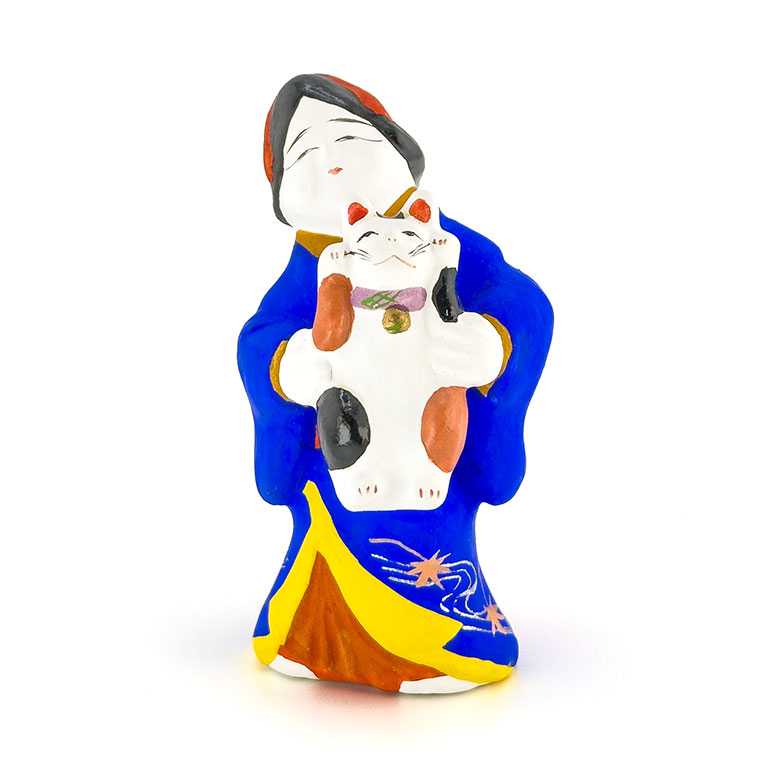 猫抱きお福／名古屋土人形／野田末吉さん作／高さ9cm