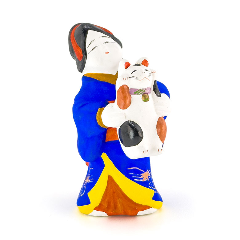猫抱きお福／名古屋土人形／野田末吉さん作／高さ9cm